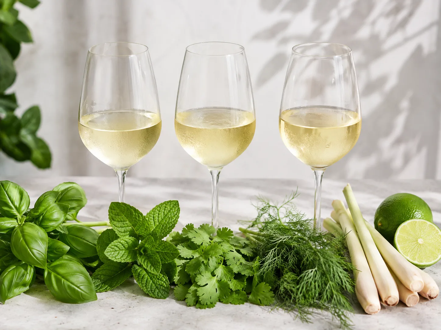 Rượu vang trắng bên húng quế, bạc hà và rau thơm tươi