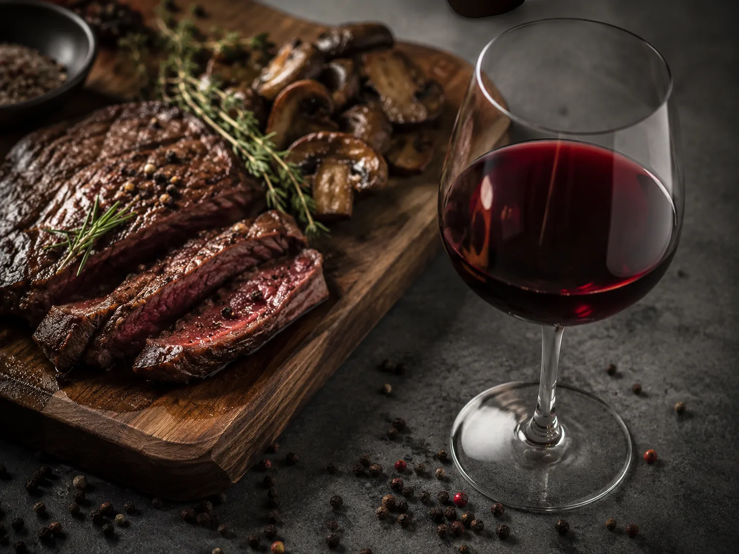 Syrah đỏ bên tiêu đen và món bò nướng đậm vị