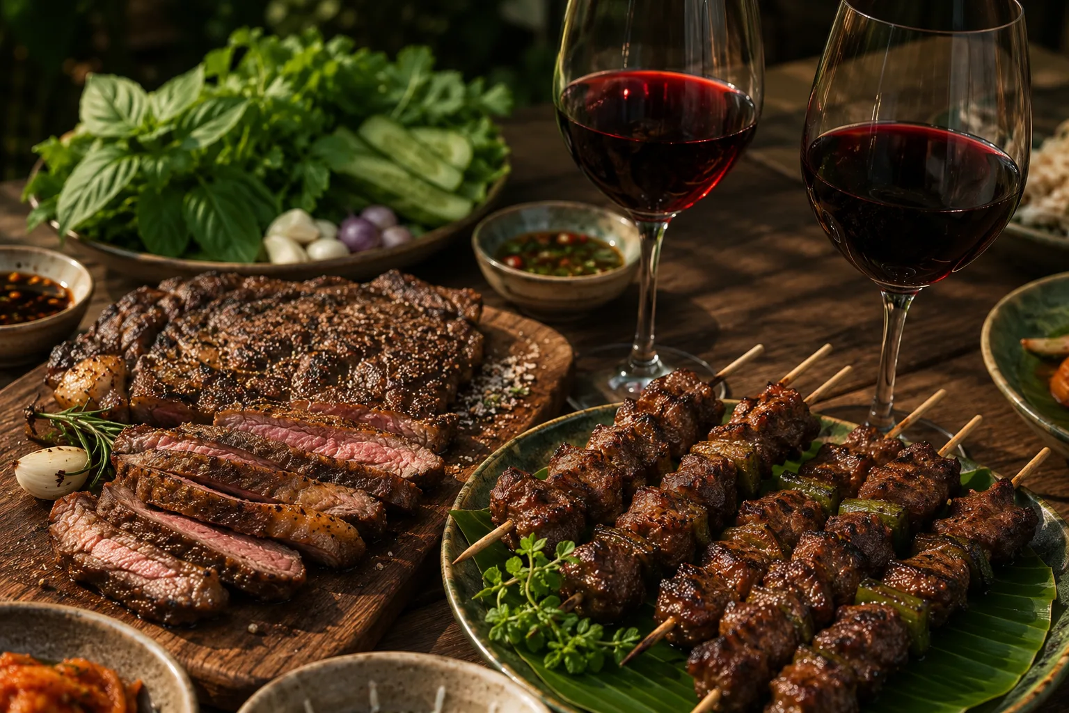 Bò nướng ăn cùng vang đỏ đậm và vang đỏ nhiều trái cây