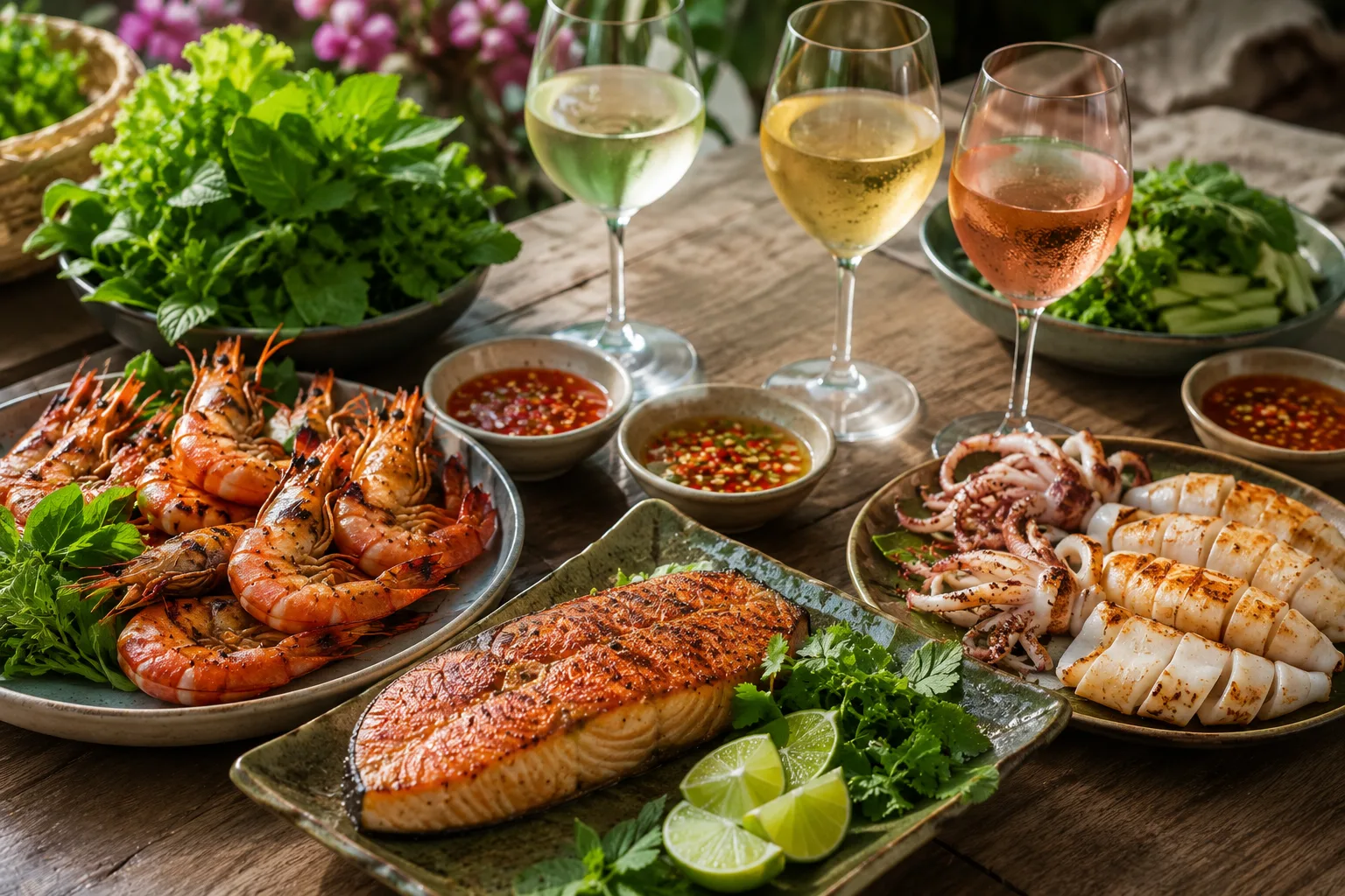 Hải sản nướng ghép với vang trắng, Chardonnay và vang hồng