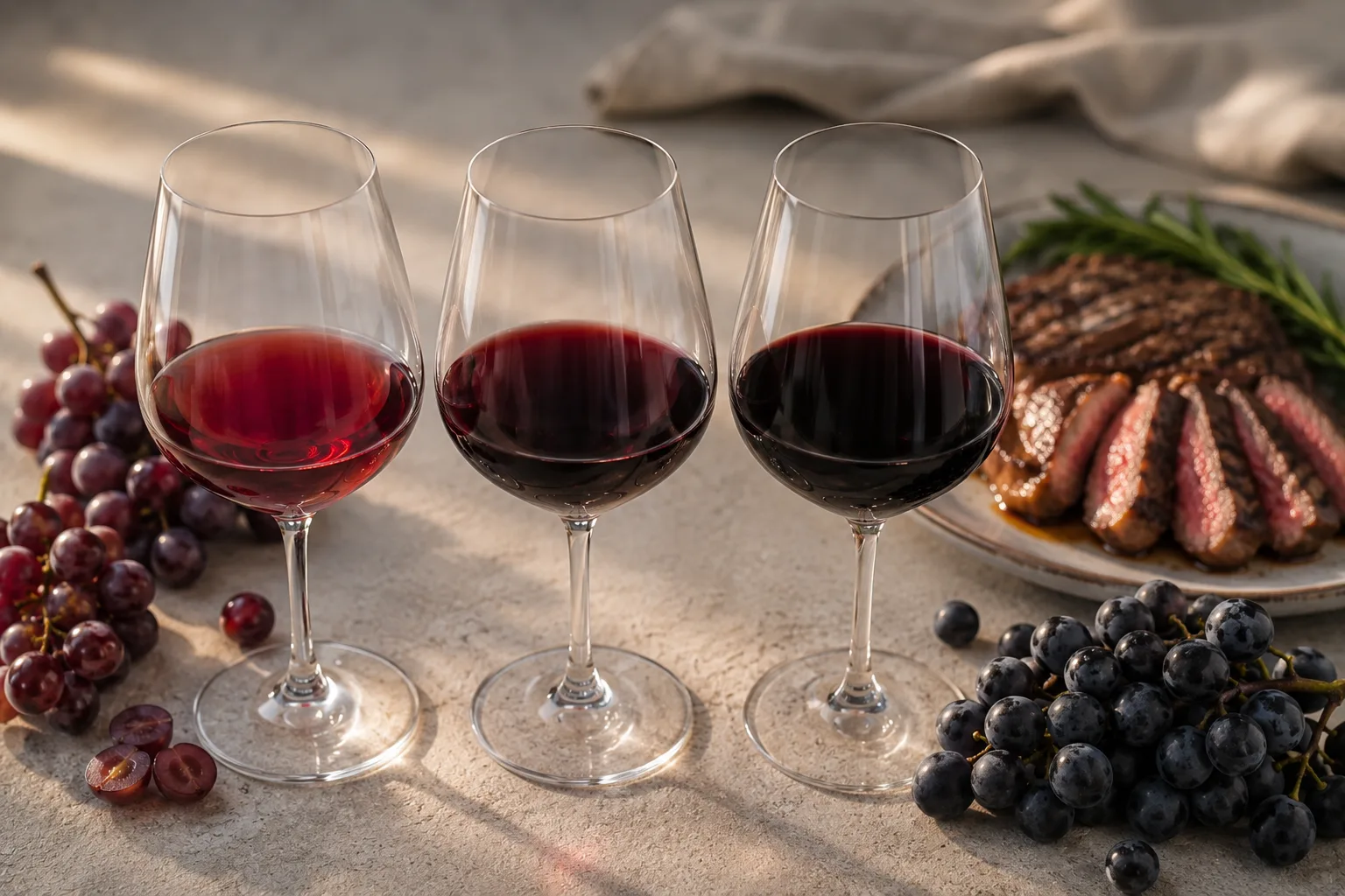 So sánh vang đỏ tannin nhẹ và tannin cao bên món bò